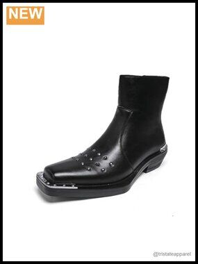 Genuine Leather Ankle Chelsea Boots Silver Studded Zip Up Square Toe Mid Block
